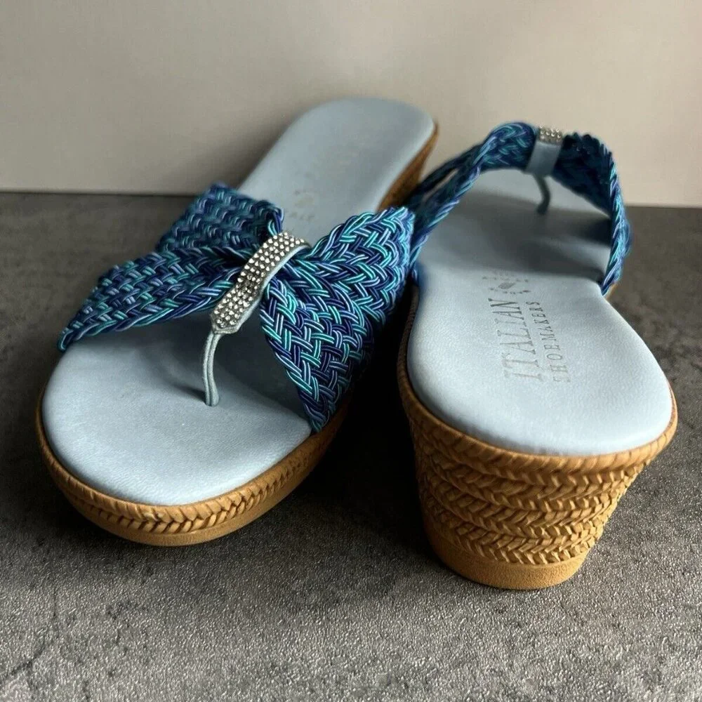 Italian Shoemakers Mixed Blue Rhinestone Sparkle Thong Wedge Sandals Size 9.5 M - Picture 4 of 16